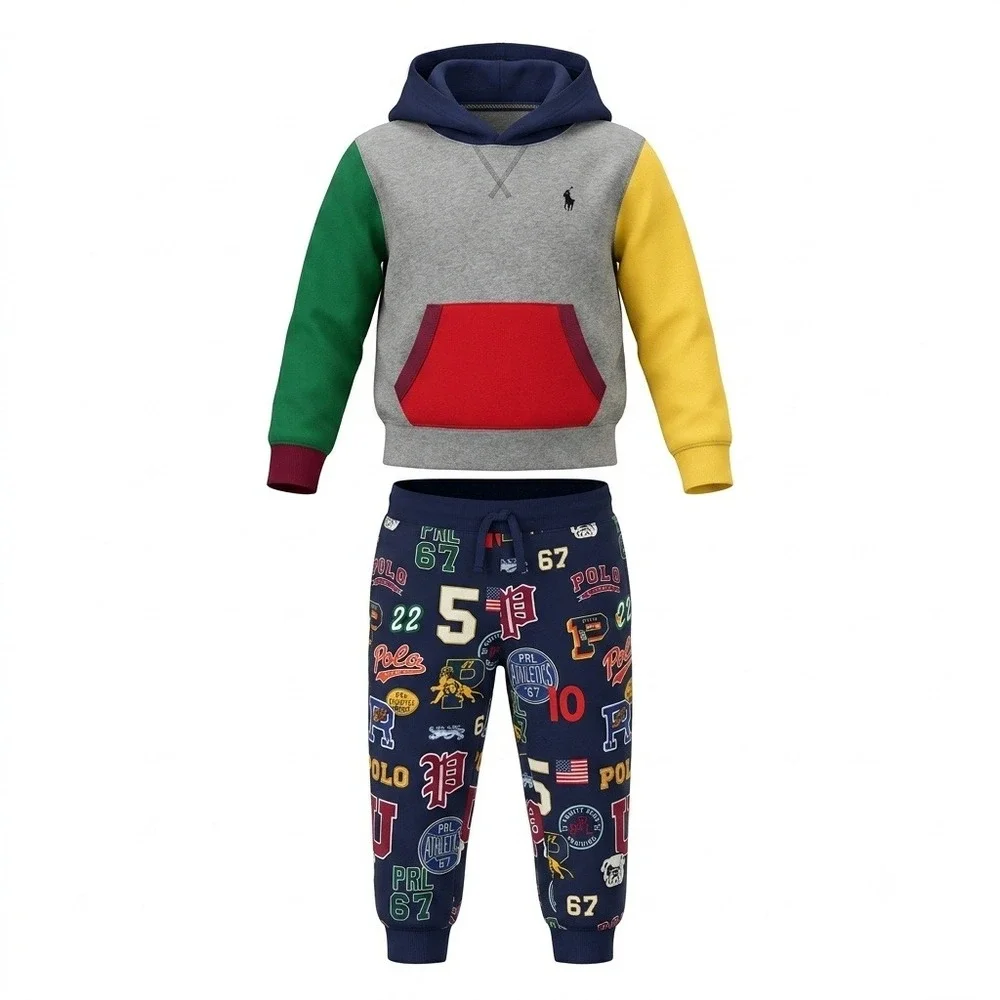 NWOT Polo Ralph Lauren Boys 5 2pc Set Colorblock Hoodie Sweatshirt Jogger Pants
